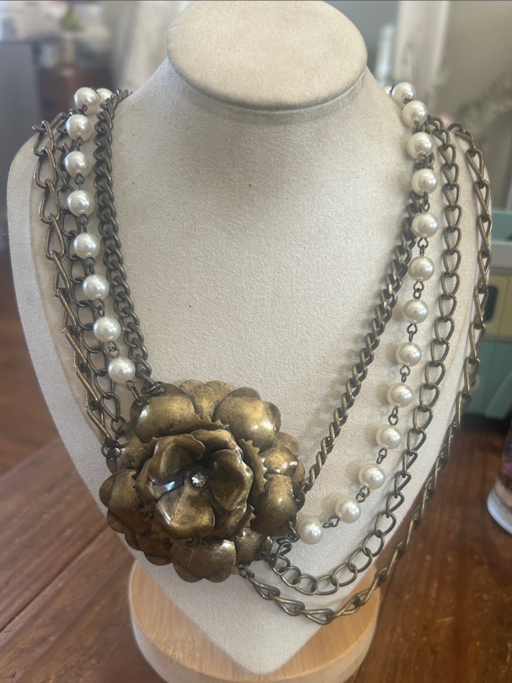 UNIQUE!! Vintage Pearl & Antique Brass Floral Multi-Strand Statement Necklace